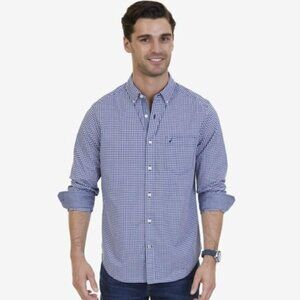 Nautica 100% Cotton Classic Fit Navy Gingham Long Sleeve Button-Up Shirt men L